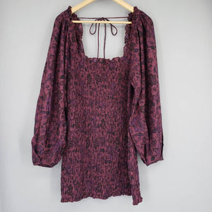 FREE PEOPLE Smock It To Me Long Sleeve Mini Smocked Dress Size XL Purple Combo